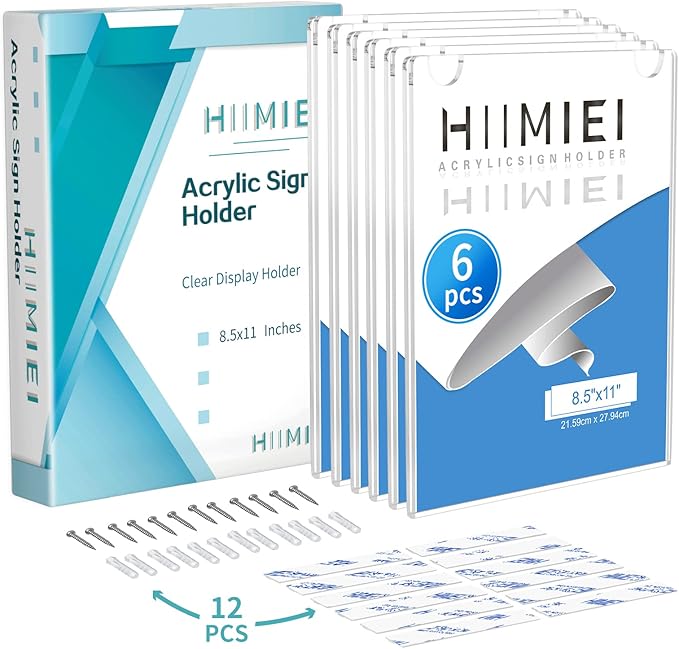 HIIMIEI 12 Pack Acrylic Wall Sign Holder 8.5x11 Vertical, Clear Plastic Picture Frames for Paper with Free 3M Tape and Screws, Door Sign Holder Perfect for Home, Office, Store, Restaurant