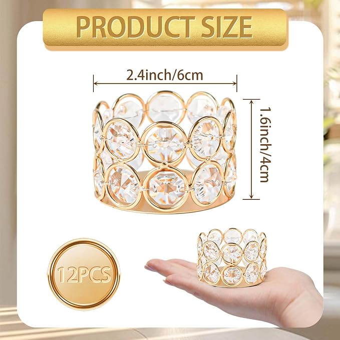12 Pack Gold Metal Crystal Tea Light Candle Holders - 2.4"x1.6" Bulk Small Votive Candle Holders for Wedding, Home, Party Table Centerpiece Decorations