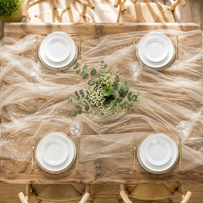 Pearl Champagne Gauze Pearl Table Runner 120 Inch 10FT, Seasonal Sheer Dining Holiday Wedding Birthday Baby Shower Tulle Summer Table Decor for Home Party
