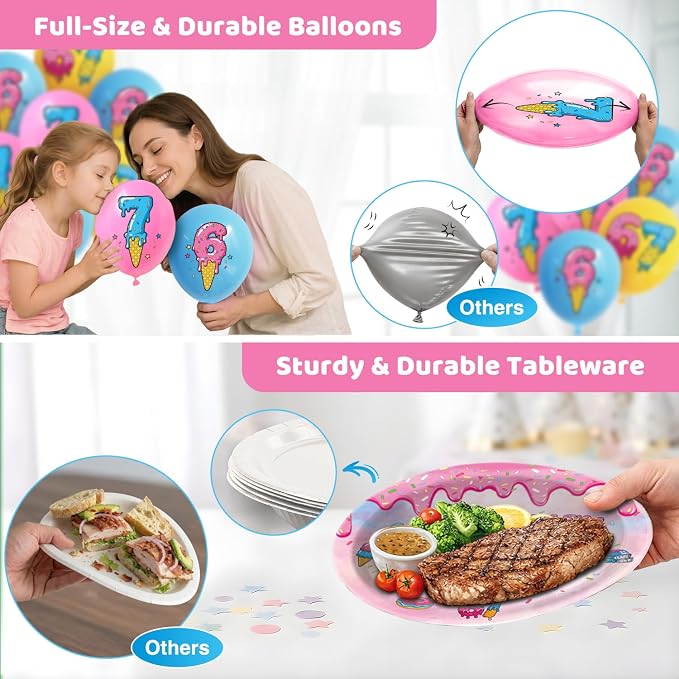 244 PCS Hand-Drawn 6 7 Birthday Decorations for 24 Guests, I Was 6 Now I'm 7 Birthday Party Supplies Set with Plates, Cups, Napkins, Banner & Balloons, Donut Ice Cream Birthday Decorations for Kids