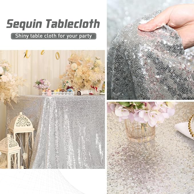 Eternal Beauty Silver Tablecloth, 90x156 Inch Sequin Rectangle Glitter Table Cover for Cake Dessert Exhibition Party Birthday Events