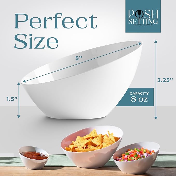 Posh Setting - White Plastic Serving Bowls for Party Angled Bowls Disposable Chip Bowls Candy Bowls for Party Table Salad and Fruit Bowls for Wedding Serving Bowls - White, 8 OZ, 5 Pack
