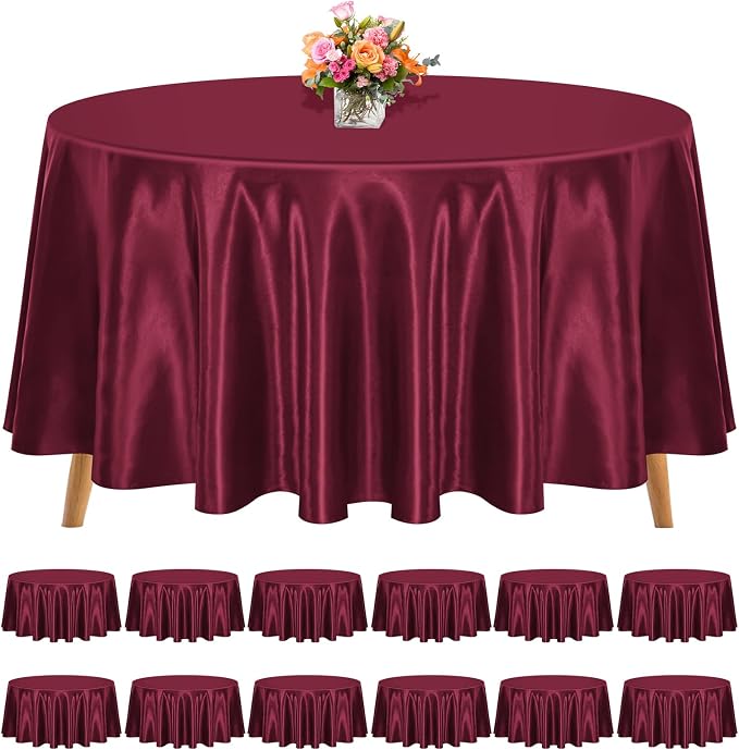 12 Pack 108 Inch Round Tablecloth, Burgundy Satin Fabric Tablecloth for Round Tables, Wrinkle Resistant Washable Table Cover Bright Silk Table Clothes for Wedding Party Dining Tables Banquet