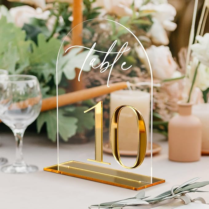 HOODO Clear Arch Wedding table numbers 1-10 with Stands, 5"x7" Arched Acrylic Signs with Gold Mirror Numbers, Clear and Gold Acrylic Table Numbers for Wedding Reception, Party, Anniversary, Event