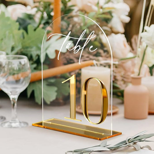 HOODO Clear Arch Wedding table numbers 1-10 with Stands, 5"x7" Arched Acrylic Signs with Gold Mirror Numbers, Clear and Gold Acrylic Table Numbers for Wedding Reception, Party, Anniversary, Event