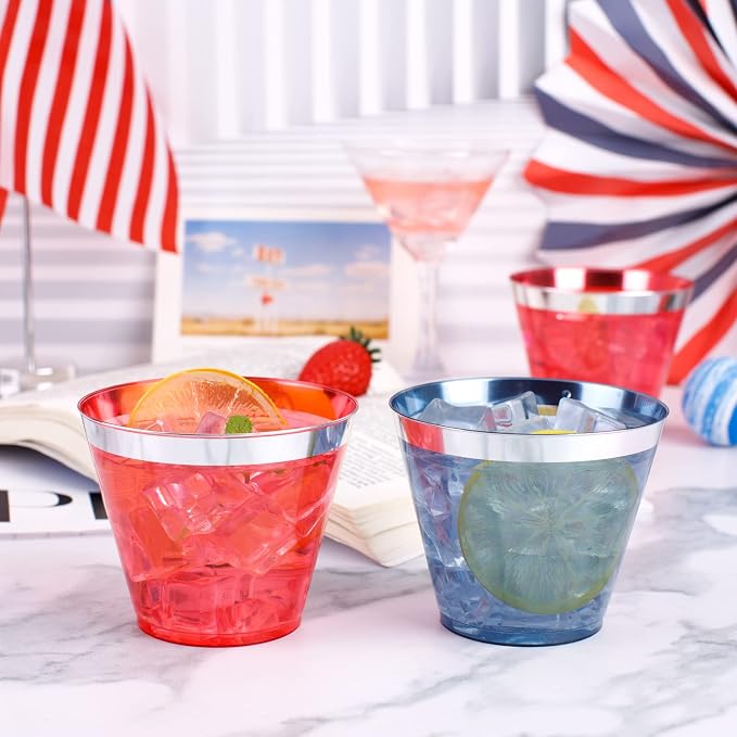 LIYH 100 Pcs 9 oz Red and Blue Disposable Plastic Patriotic Cups, 4th of July Plastic Wine Glasses for Celebrate, 4th of July Disposable Party Cups for Independence Day 50 Each
