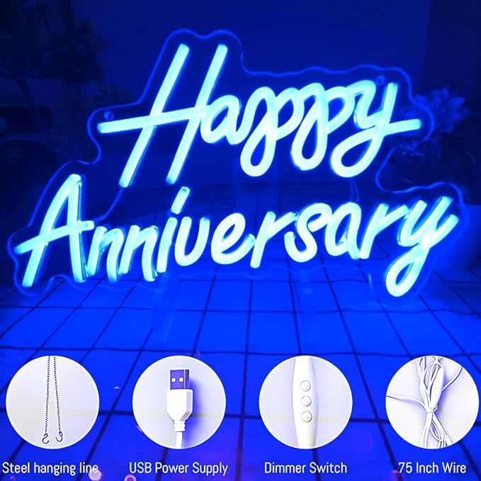 Happy Anniversary Neon Sign - Wedding Birthday Party Decoration Neon Light for Bedroom,Living,Home Bar Valentine's Day Anniversary Decor Gift (blue)