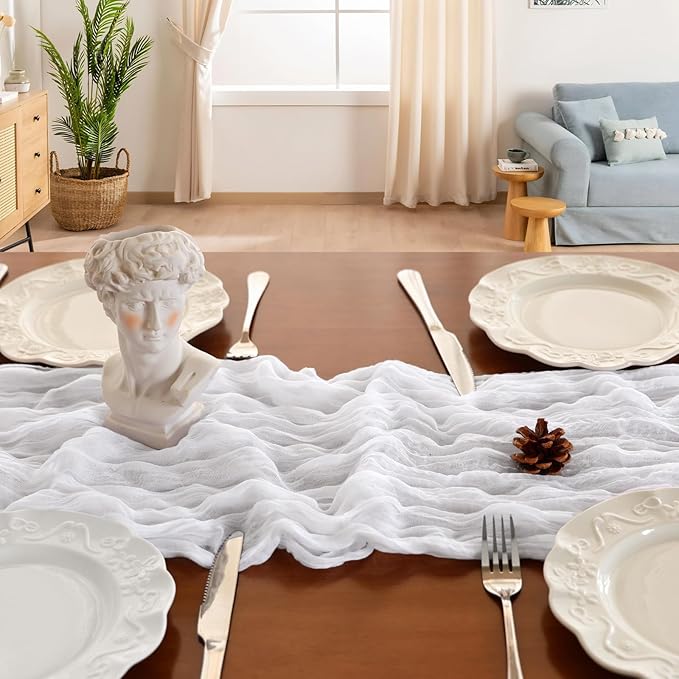 6 Pack 10FT White Cheesecloth Table Runner 120 Inch Long Gauze Rustic Boho Spring Cheese Cloth Table Runner Sheer Fabric Decorations for Holiday Party Wedding Banquet Bridal Baby Shower Décor
