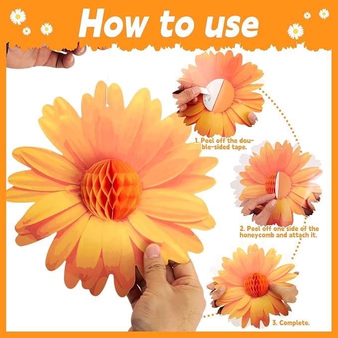 SUNBEAUTY 9PCS Paper Flower Party Decorations Yellow Orange Giant Paper Flowers 3D Daisy Honeycomb Hanging Decorations for Girls Birthday Boho Sun Party Spring Garden Wedding Classroom Baby Shower