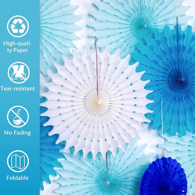 SUNBEAUTY Pack of 13 Blue White Hanging Honeycomb Paper Fans Party Decoration Kit for Baby Boy Shower 1st Birthday Navy Ocean Wedding Under The Sea Theme Photo Booth Backdrops Paper Party Supplies