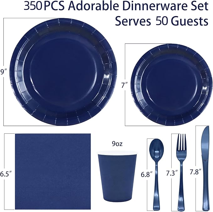350Pcs Navy Blue Party Supplies for Navy Blue Party Decorations includes Paper Plates and Napkins Cups Utensils,Blue Disposable Plates Set for Boy Baptism Birthday Graduation Serve 50 Guests