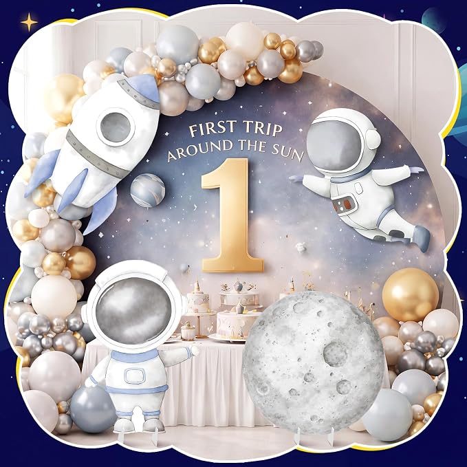 4 Pcs Large First Trip Around The Sun Decoration for Boy Birthday Space Party Cardboard Cutouts, Moon Astronaut Rocket Themed Standups for Baby Shower Photo Booth Backdrop Decor