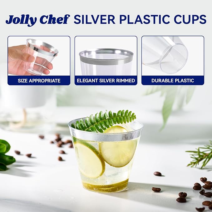 JOLLY CHEF 100 Pack Silver Plastic Cups, 9 oz Clear Plastic Tumblers, Elegant Silver Rimmed Cups, Disposable Glasses for Wedding, Thanksgiving Day, Christmas Party