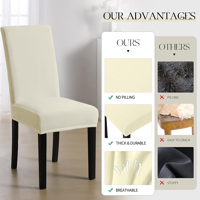 MOSAYT Velvet Stretch Chair Covers for Dining Room Set of 6 - Soft Slipcovers with Thick Removable Fabric for Parsons Chairs, Washable Seat Protectors for Kitchen, Banquet & Home Decor, Beige