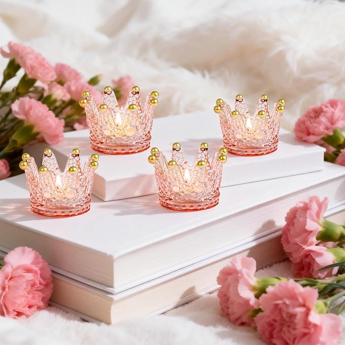 Rubtlamp 6 Pack Pink Crown Candle Holders, Votive Candle Holders Bulk with Gold Tips, Glass Tealight Candle Holder for Table Centerpieces, Bridal Shower, Birthday, Wedding, Home Decor