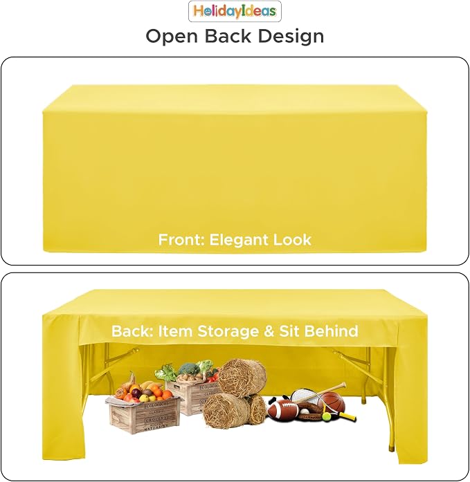 HolidayIdeas 4-Pack 4ft Open Back Fitted Tablecloths for Craft Shows Yellow | 3-Sided coverage wrinkle resistant tablecloths for vendor booths,banquet events,outdoor pop-up shop