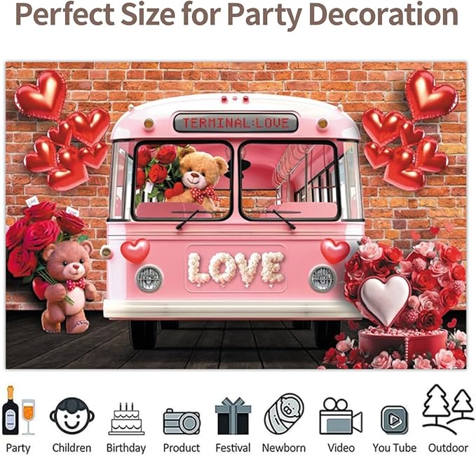 18x7ft Vinyl Vintage Valentines Backdrop Pink Bus Bear Brick Wall Photography Background Love Heart Balloon Party Decorations for Wedding Bridal Valentine's Day