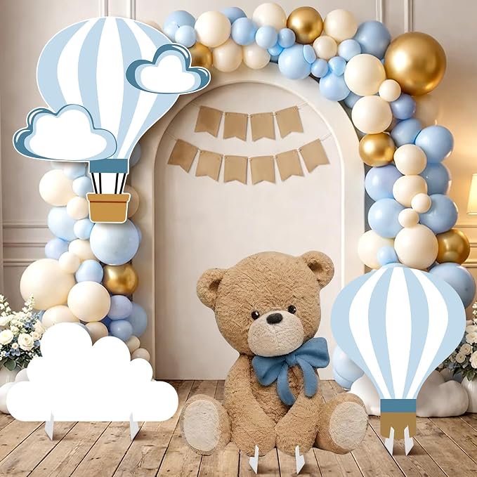4 Pcs Large 23.62" Teddy Bear Baby Shower Decorations Teddy Bear White Cloud Hot Air Balloon Cardboard Cutouts, Cloud Party Yard Signs for We Can Bearly Wait Birthday Party Supplies