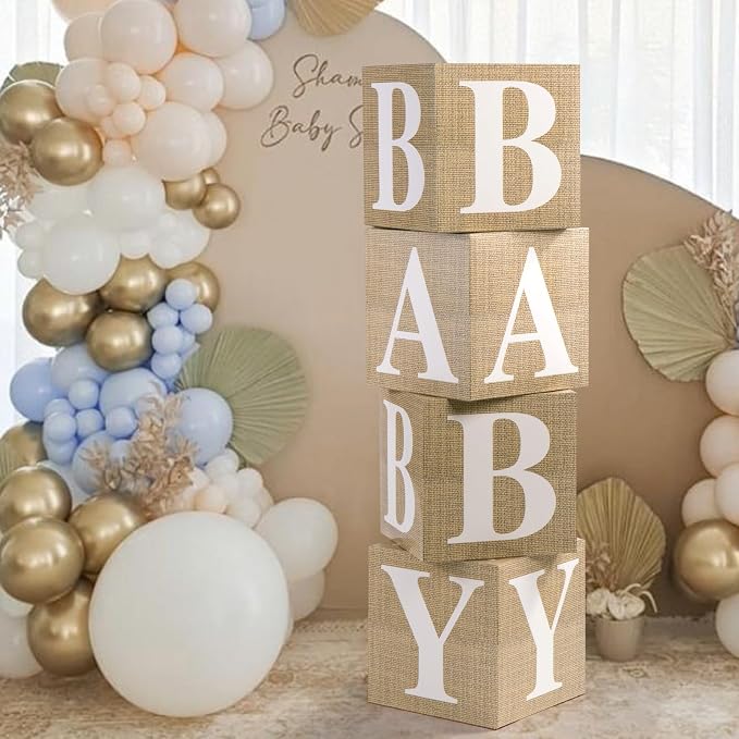 Voircoloria Baby Boxes with Letters for Baby Shower Decorations, Gender Reveal Decorations with 4 Burlap Balloon Boxes
