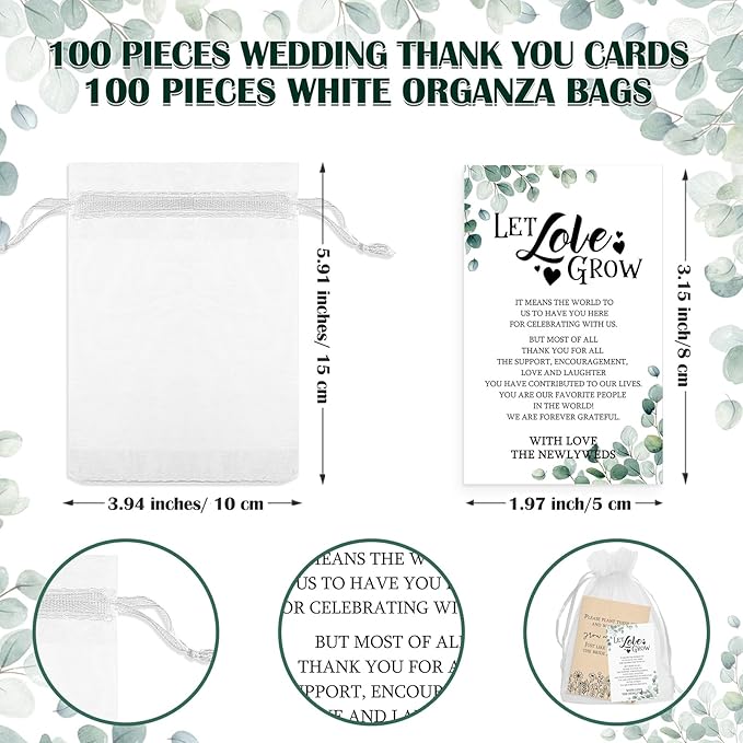 Ctosree 100 Set Wedding Favors for Guests Bulk Include 100 Pcs Self Adhesive Seed Packets Kraft Paper Seed Envelopes Let Love Grow Cards and Organza Gift Bags for Bridal Shower(Classic)