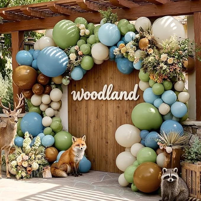 Blue Green Brown Balloon Garland Double Stuffed Dusty Blue Sage Green Balloons Olive White Sand Latex Balloon Arch Kit for Bear Baby Shower Birthday Woodland Wild One Party Decorations