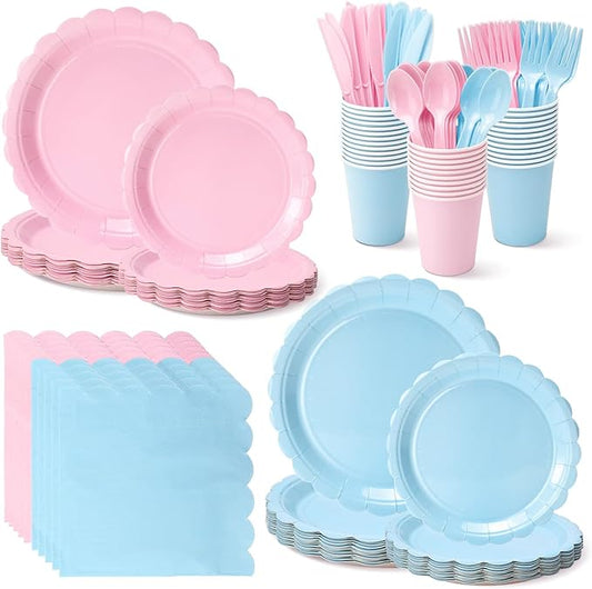 Vyntra 350 Pieces Pink and Blue Disposable Paper Plates and Napkins Set for 50, 9" Dinner Plates & 7" Dessert Plates, Tableware for Baby Shower, Gender Reveal, Birthday, Party