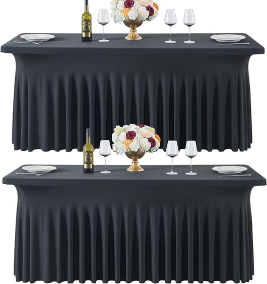 Black Spandex Table Cloths for 8 Foot Rectangle Tables, 2 Pack Wrinkle Free Fitted Table Cover 8ft Tablecloth Stretchy Table Skirt for Parties Weddings Banquet Birthday Baby Shower