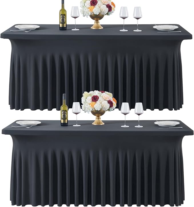 Black Spandex Table Cloths for 6 Foot Rectangle Tables, 2 Pack Wrinkle Free Fitted Table Cover 6ft Tablecloth Stretchy Table Skirt for Parties Weddings Banquet Birthday Baby Shower