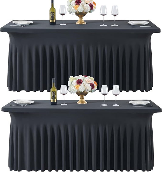 Black Spandex Table Cloths for 6 Foot Rectangle Tables, 2 Pack Wrinkle Free Fitted Table Cover 6ft Tablecloth Stretchy Table Skirt for Parties Weddings Banquet Birthday Baby Shower