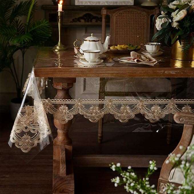 ARTABLE Vinyl PVC Rectangle Tablecloth Waterproof Clear Table Cover with Champagne Lace Macrame Border for Wedding Kitchen Home Outdoor Indoor Holidays Party Decor (Champagne, 60 x 120 Inch)