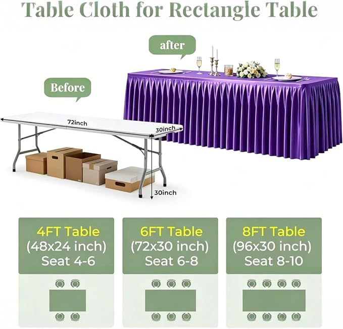 6 Packs Purple Satin Tablecloths Rectangle 8FT, Glitter Spandex Fitted Stretch Table Covers Wrinkle-Free Floor Length Shimmer Table Skirt for Weddings Parties Baby Shower Banquets Vendor Events