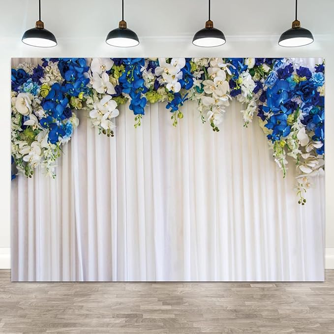 10x5ft White Wedding Backdrop White Blue Floral Flowers Photography Background Bride Groom Ceremony Party Bridal Shower Banner Decorations Engagement Proposal Portrait Photo Booth Prop