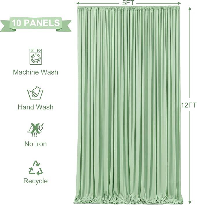10 Panels Sage Green Backdrop Curtains for Wedding Party Wrinkle Free Backdrops Curtain Drapes Fabric Decorations Photo Back Drop Cloth for Baby Shower Photography Stage Reception 50ft(W) x 12ft(H)