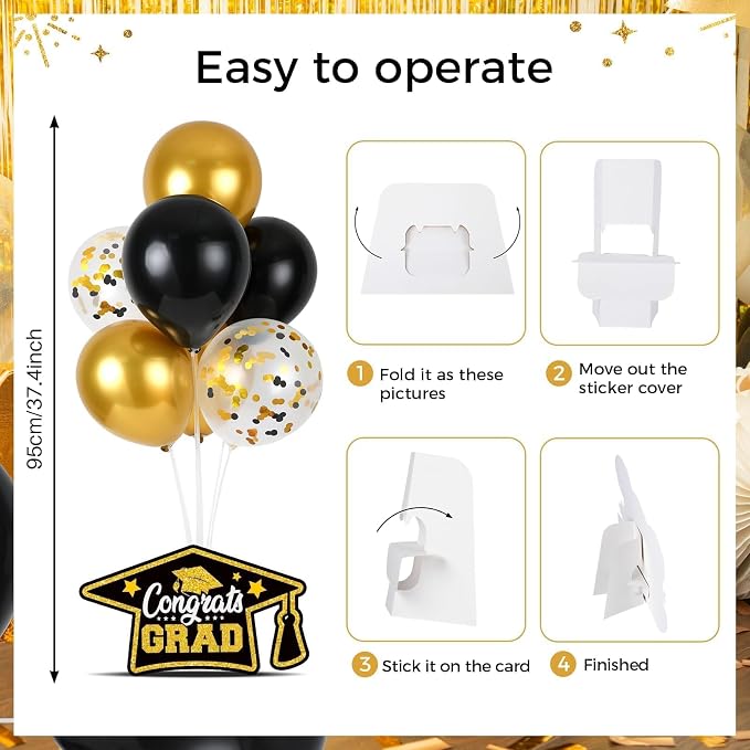 6 Sets Black Gold Graduation Balloon Stand Kit for Table Decorations Class of 2025 Congrats Grad Table Centerpiece Grad Prom Themed Decoration for Grad School & College Ceremonies Party Supplies