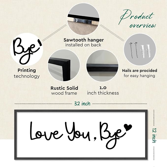 YWJKWLGS Love You Bye Wall Decor Above Door, Entryway Door Sign for Mudroom | Farmhouse Rustic Black Wood Framed, 32x12 Inches, Living Room, Farewell Wall Art, Last Thing They See Leaving Home