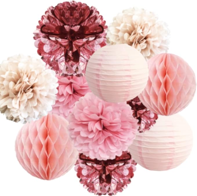 Blush Chrome Pink Hanging Decorations – Tissue paper Flower Pom Poms and Lantern for Birthday Wedding Baby Shower Bachelorette Party Decor(Chrome Pink + Pastel Pink + Pink Heather)