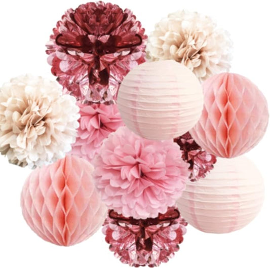 Blush Chrome Pink Hanging Decorations – Tissue paper Flower Pom Poms and Lantern for Birthday Wedding Baby Shower Bachelorette Party Decor(Chrome Pink + Pastel Pink + Pink Heather)