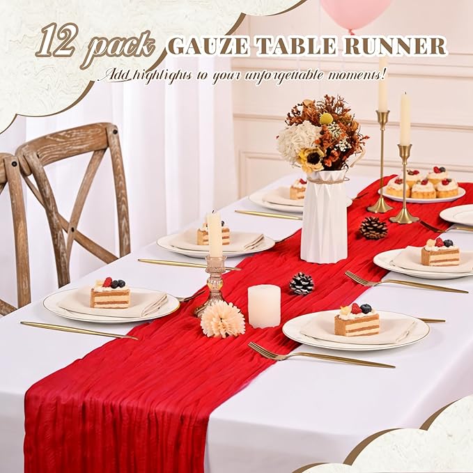 Pesonlook 12 Pack Cheesecloth Table Runner,Red Table Runner Long Romantic Semi Sheer Rustic Boho Gauze Table Runners for Wedding Bridal Shower Birthday Party Decorations(17.7×108 Inch)