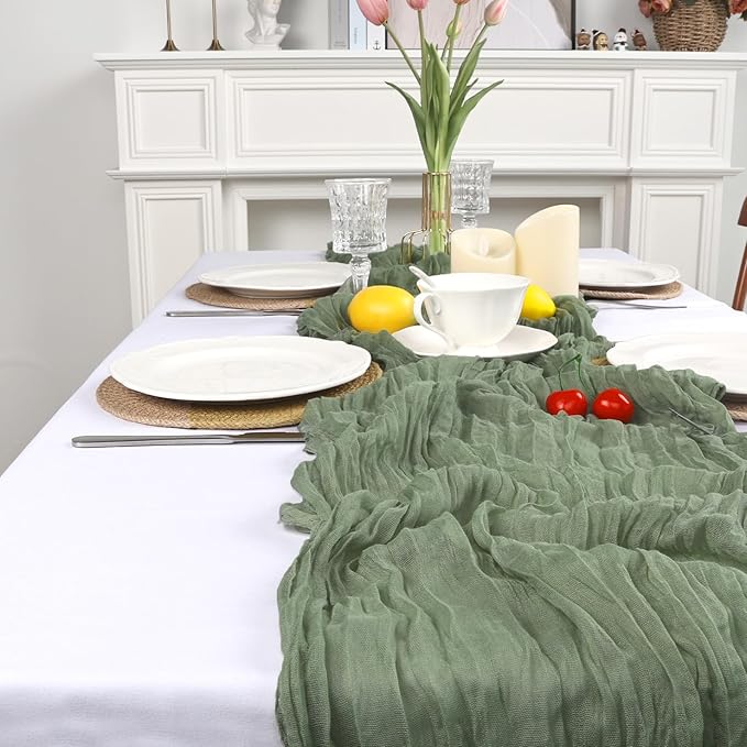 16 Pack Sage Green Cheesecloth Table Runner 10ft Boho Gauze Fabric 120 Inch Cheese Cloth Table Runner Rustic Sheer for Holiday Baby Shower Party Décor Home Wedding Decoration