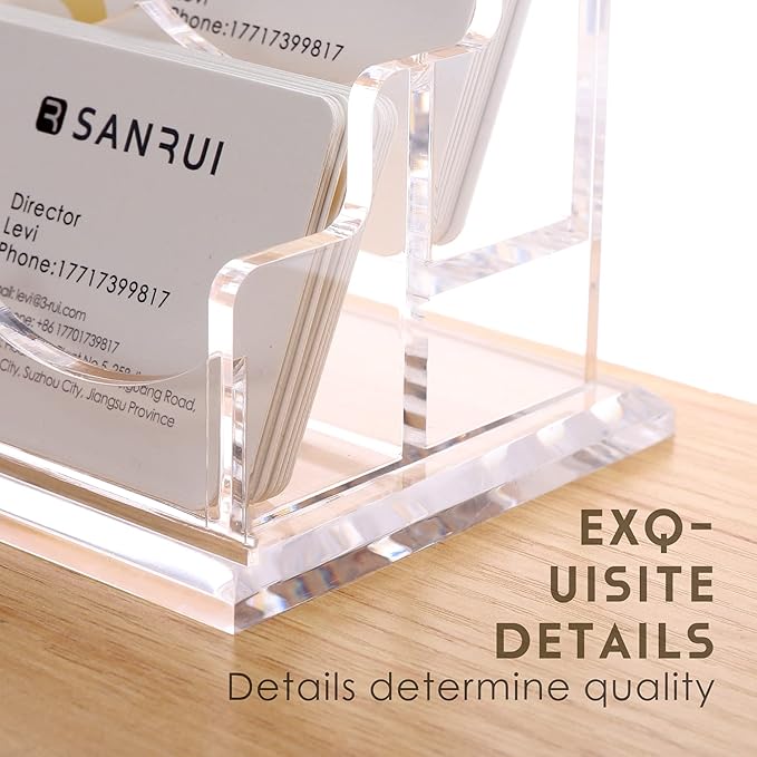 SANRUI Clear Horizontal Business Card Holder Stand for Desk, Acrylic Desktop Display Name Cards Holders Organizer Storage Rack,for Exhibition, Home, Office,2 Tier 4 Pocket, 240 Card Capacity