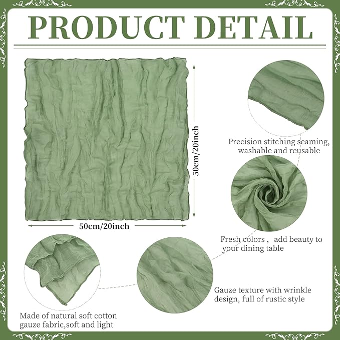 60 PCS Sage Green Gauze Cheesecloth Napkins,20x20 Inch Gauze Napkin Rustic Wrinkled Cheesecloth Napkin Bulk Washable Dinner Table Napkins for Wedding Party Bridal Shower Baby Shower Events Decor