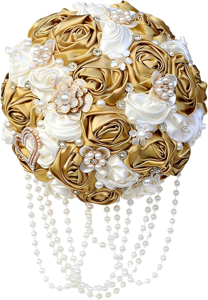 Ivory and Gold Bridal Wedding Bouquet with Rhinestone Brooch Pearl String Cascade Bouquet for Bride Bridesmaid Quinceanera Satin Rose Flower Bouquet Wedding Ivory and Gold 9.8in