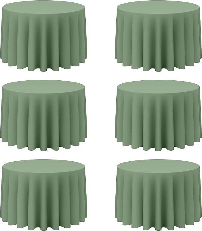 BRILLMAX 6 Pack Sage Green Round Tablecloths 108 Inch for 48” Tables - 150 GSM Polyester Fabric, Floor Length Drop, Water, Stain & Wrinkle Resistant Cloth Cover for Wedding Reception Banquet Dining