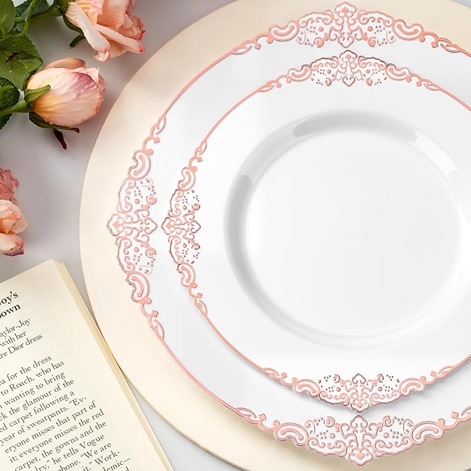 Bestluck 350PCS Rose Gold Plastic Plates for 50 Guests, Disposable Dinnerware Sets Include 100 Rose Gold Rim Plastic Plates, 50 Silverware and Cups, 50 Pre Rolled Napkins for Party, and Graduation
