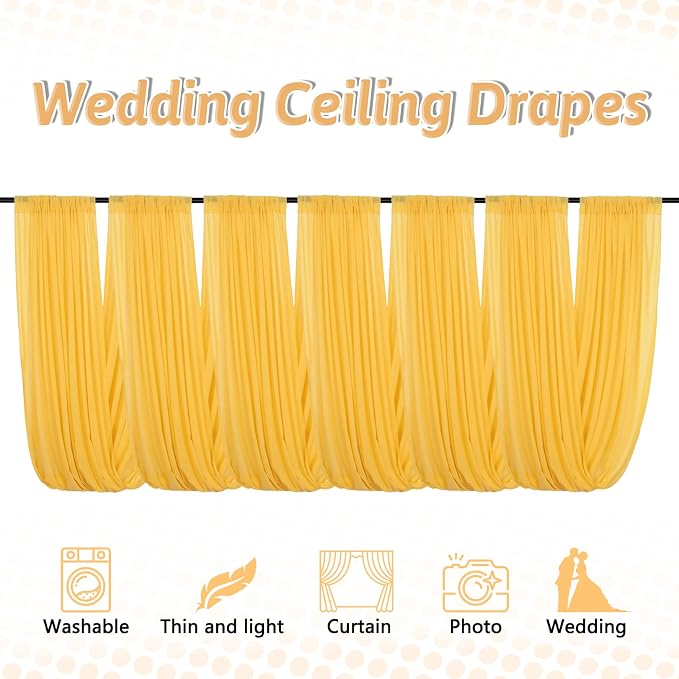 DUOBAO Chiffon Ceiling Drapes 20FT 6 Panels Gold Sheer Wedding Backdrop Curtains for Indoor Events Banquet Hall Tent Drapery Soft Draping Fabric for Arches Christmas and Photography