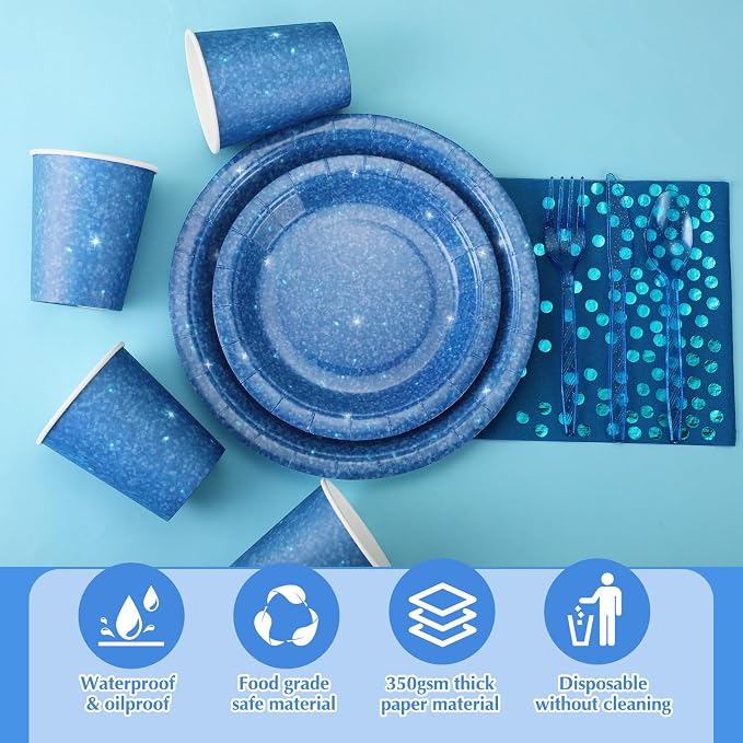 Hushee 175 Pcs 25 Guests Dark Blue Paper Party Plates and Cups Napkins Sets Holographic Glitter Disposable Dinnerware Plastic Forks Knives Spoons Birthday Bachelorette Wedding Party Supplies