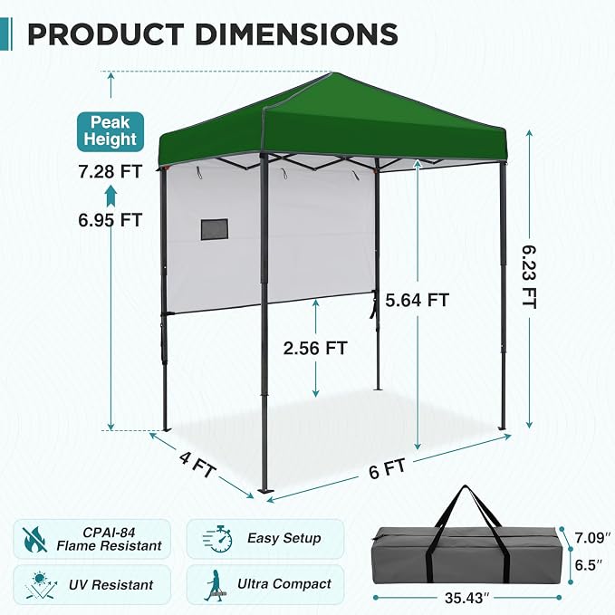 EAGLE PEAK 6x4 Instant Pop Up Canopy Tent with 1 Half Wall Panel, Straight Leg Sun Shelter, Portable Canopy with Carry Bag for Camping, Beach & Sports, Green
