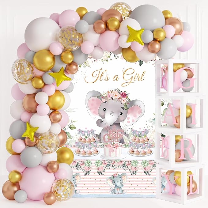 JOGAMS Elephant Baby Shower Decorations for Girl 234Pcs with Baby Boxes Letter Backdrop Tablecloth Cupcake Cake Topper Gold Star 4D Foil Confetti Balloons for Elephant Theme Baby Shower Birthday Party