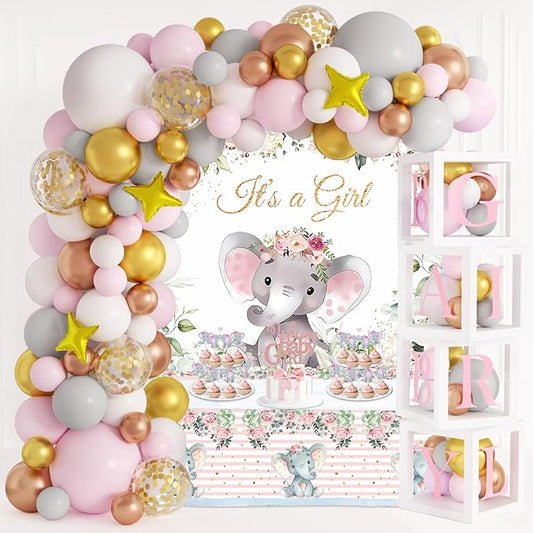JOGAMS Elephant Baby Shower Decorations for Girl 234Pcs with Baby Boxes Letter Backdrop Tablecloth Cupcake Cake Topper Gold Star 4D Foil Confetti Balloons for Elephant Theme Baby Shower Birthday Party