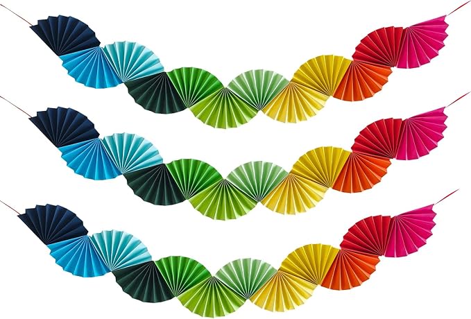 3 Pack Wedding Paper Fans Garland 15.6ft Colorful Background Ceiling Hanging Decorations Set for Birthday Party Supplies 3D Bachelorette Party Decorations (Rainbow)